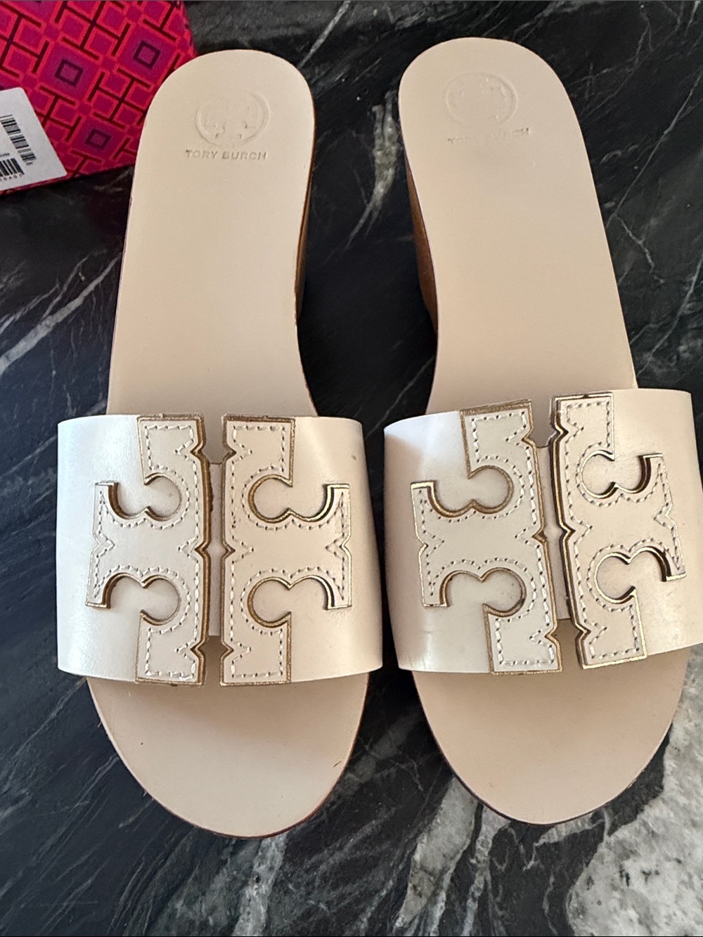 Tory Burch Neutral Ivory Leather Logo Slide Mules